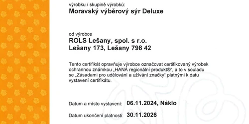 Certifikát Rols Haná regionální produkt Moravský výběrový sýr Deluxe
